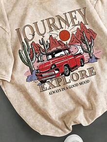 SHEIN Kids Young Boy Casual Versatile And Comfortable Racing Letter Print Pattern Round Neck Pullover Loose Short Sleeved Knitted T-Shirt Suitable For Commuting To School, Daily Leisure Vacation Travel, Suitable For Sports, Suitable For Spring And Summer Festivals - White - View 4