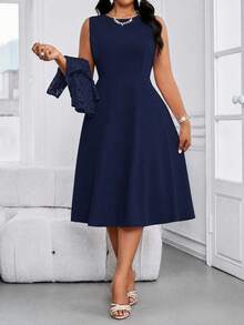 SHEIN Lady CURVE 大尺碼女款圓領蕾絲上衣與裙子休閒日常兩件套 - 藏蓝色 - 查看 5