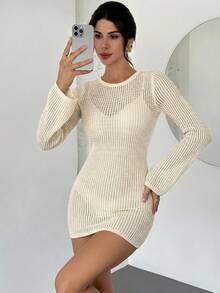 Firerie 女款春夏優雅性感極簡時尚辣妹海灘度假露背繫帶喇叭長袖針織透視白色迷你毛衣洋裝 - 杏色 - 查看 11