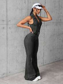 SHEIN EZwear 女款夏季休閒無袖牛仔連身褲 - 黑色 - 查看 6