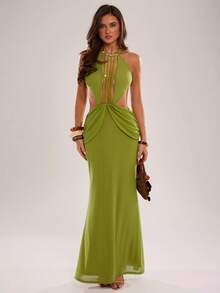SHEIN BAE Spring/Summer Women's Casual Glamorous Elegant Vacation Halter Neck Beaded Decor Waist Cutout Ruched Back Ring Detail Olive Green Dress Night Out Sexy - Olive Green - View 6