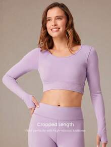 GLOWMODE Seamless Fitted Long Sleeve Crop Tee With Lace-Up Back Light Support Low Impact Yoga Pilates Daily Gym - Purple - View 2