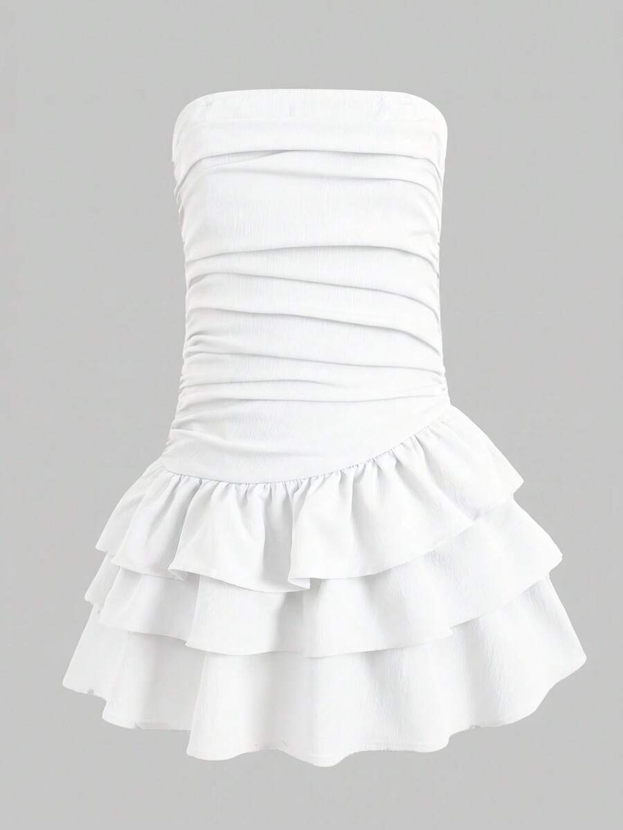 SHEIN Girlism Tween Girl/Tween Girls' Summer Casual Vacation Minimalist Comfortable Layered Ruffle Trim Tube Top Dress - White - View 1