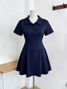 GlowEve CURVE Plus Size Women's Casual Slim Fit Burgundy Button Front Polo Collar A-Line Short Sleeve Dress - Blue - View 8