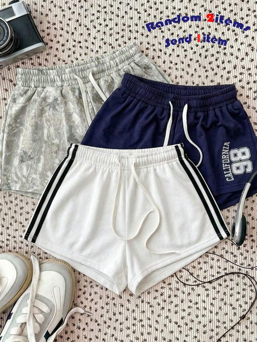 SHEIN [隨機3件，發送1件]驚喜盒 30%機率獲得2件 青少年女孩白色針織抽繩短褲 刺繡數字圖案 適合夏季休閒端莊、校園健身、運動、戶外野餐、街拍、母親節、畢業季，適用於日常、出遊、度假、假日穿著，時尚女孩、休閒穿搭、新風格、返校、慵懶風、開學季、少女風 T恤運動短褲 女孩運動短褲 健身短褲 運動短褲 - 彩色 - 查看 1