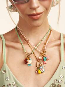 Popjeli 1 Piece, Summer Beach Ocean Vacation Wind Glazed Chain Fruit Cherry Small Fish Coral Starfish Lemon Mushroom Rough Stone Pendant Women's Necklace,Y2K/Cute/Colorful/Chic,DIY,PINK,Summer/Beach/Prom/Part/Vacation/Travel,For Mom/Women/Girl/Mother,Heart,Floral - Multicolor - View 5