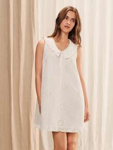 lacRébo White Seashell Embroidered A-Line Mini Dress With Ruffled Collar, Delicate Front Button Detail Spring Summer Casual Holiday Cute French Style - White - View 3