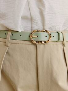 Opalesca 1pc PU Leather Double-Layered 8-Shape 3-Prong Buckle Casual Versatile Belt For Women - Army Green - View 5