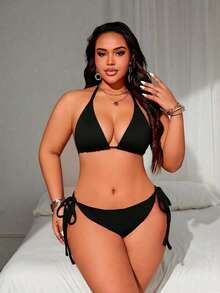 Swim Lushoire Plus Size Women's Solid Color Halter Tie Sexy Bikini Set For Beach Summer Beach - Navy Blue - View 4