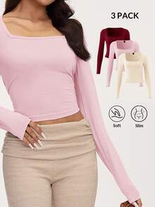 SHEIN BASICS 3件組純色針織長袖修身方領短版女款T恤，酒紅、淺粉、米色，秋季返校畢業校園風 - 彩色 - 查看 4