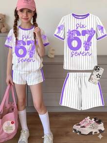 Set de 2 piese pentru fete preadolescente, casual, minimalist, cu personalitate cool, numeric 67 și grafică cu fundă, roz, cu dungi, stil atletic și chic, ton de albastru, tricou și pantaloni scurți cu mânecă scurtă, potrivit pentru vară - Multicolor - Vizualizare 1