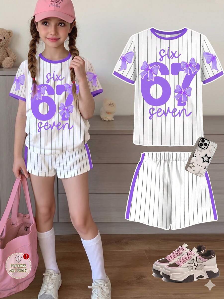 Set de 2 piese pentru fete preadolescente, casual, minimalist, cu personalitate cool, numeric 67 și grafică cu fundă, roz, cu dungi, stil atletic și chic, ton de albastru, tricou și pantaloni scurți cu mânecă scurtă, potrivit pentru vară - Multicolor - Vizualizare 1