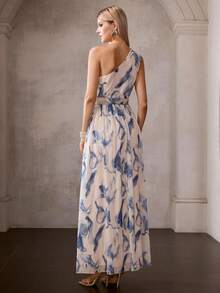 MOTF Soiréza ELEGANT WOMEN'S SLEEVELESS ONE SHOULDER MAXI PARTY GOWN WITH DETACHABLE BELT, CHEST RUCHED DETAILING, FOR EDGY SOPHISTICATION FOR VALENTINE'S DAY, EVENING GALAS, WEDDING GUEST ATTIRE, ANNIVERSARY CELEBRATIONS, PROM NIGHTS, HOLIDAY BASHES, ELEGANT BIRTHDAY CELEBRATIONS - Dusty Blue - View 3