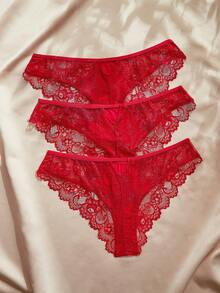 Charlaine Low Waist Lace 3D Bow Decor Triangle Panties (3pcs/Set) - Red - View 2