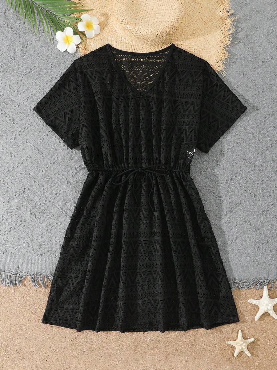 SHEIN 青少年女孩泳裝罩衫 素色V領短袖夏季休閒舒適罩衫 - 黑色 - 查看 1