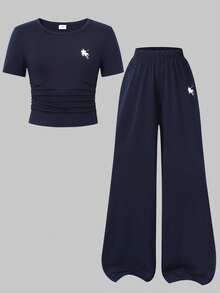 2pcs Tween Girls Casual Sports Style Navy Blue Pony Print Short Sleeve Long Pants Round Neck Thin Daily Casual Summer Two Pieces Set - Navy Blue - View 7