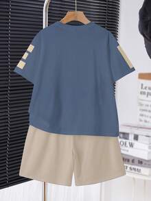 青少年男孩休閒舒適時尚簡約圓領短袖T恤與短褲套裝，經典文字圖案印花 - 白色 - 查看 3