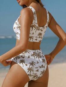 Swim Vcay 26SS 女款春夏海灘度假波西米亞風熱帶椰子棕櫚印花分體式比基尼套裝 - 棕色 - 查看 2