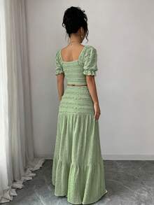 Elenzga 優雅女款藍色紋理面料度假休閒日常外穿短袖方領鈕扣上衣拼接設計搭配喇叭裙兩件套夏季出街穿搭上衣 - 軍綠色 - 查看 2