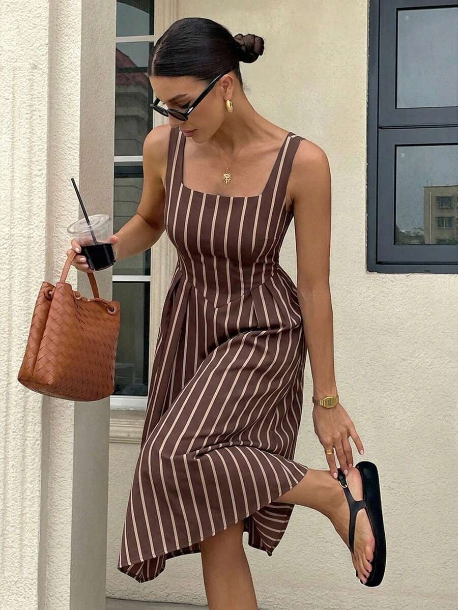Siren Gaze 女款休閒條紋中長洋裝,優雅條紋洋裝,女款夏季服飾,街頭風,適合日常通勤、約會、派對,秋冬春夏,聖誕節、新年、感恩節、派對、婚禮、海灘、畢業典禮,時尚優雅休閒,適合外出、約會、通勤 - 彩色 - 查看 1