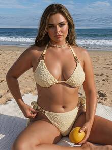SHEIN BAE CURVE Sexy Bikini With Textured Floral Jacquard Pattern And Metal Embellishments For Summer Vacation On The Beach - Plus Size Three Pieces Bikini - Yellow - View 5