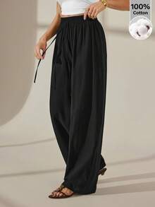 SHEIN Tall Women's Solid Color Casual Straight-Leg Pants Winter Black Spring - Black - View 3