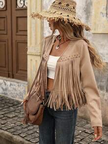 Brillora Women's Solid Color Tassel Trim Open Front Jacket Rave Camel Summer Boho Modest - Khaki - View 3