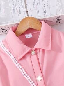 SHEIN Preteen Girls' Solid Color Collar Puff Sleeve Cardigan Summer Dress With Pouch Summer Holiday - Pink - View 5
