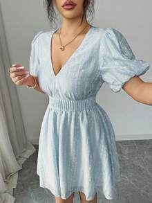 Modelyn Women's Elegant Striped Print Puff Sleeve Short Dress For Spring And Summer - Blue - View 2