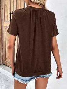 SHEIN LUNE Camiseta de manga corta de unicolor versátil y casual de verano - Café integral - Ver 2