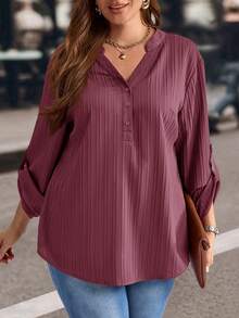 EMERY ROSE Blusa casual de talla grande con cuello con muesca y mangas remangadas, ropa de invierno - Rojo violeta - Ver 4