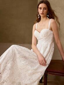MOTF PREMIUM VESTIDO DE ENCAJE CON PARCHES Y CALADO, PRIMAVERA/VERANO - Blanco - Ver 4