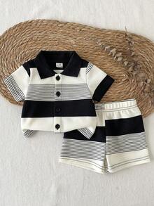SHEIN Vintaside Kids 新生兒夏季領口短袖時尚涼爽休閒襯衫與百搭簡約短褲套裝，適合外出、露營、野餐、度假、聚會、日常休閒穿著 - 彩色 - 查看 3
