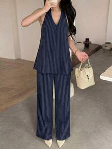 Heiryn Women's Navy Pinstripe Halter Top & Wide-Leg Pants Set - Summer, Navy, Pinstripe, Quiet Luxury, Office Chic, Vacation, Resort - Khaki - View 3