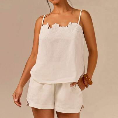 Women's Casual White Floral Embroidered Camisole & Shorts Set