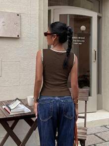 Siren Gaze Summer New All-Match Versatile Textured Hem Trim Slim Fit Tank Top Dark Brown - Brown - View 2