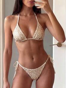 Costavie Solid Color Sequin Textured Fabric Halter Neck Triangle Cup Bikini Top, Sexy Women's Swimwear Top For Spring/Summer Beach Vacation - Apricot - View 7