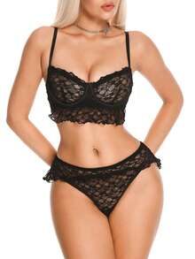 AltBold Standard Size Women's Sexy All-Over Lace Print Lingerie Set, Punk Style Bra And Panty 2pcs - Black - View 6