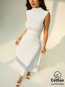 Nuevo 2026  Vestido largo de línea A con cuello mao sin mangas y fruncido, nuevo para el Día de San Valentín, elegante y romántico para citas y trabajo, vestidos de verano para mujeres - Blanco 2 - Ver 6