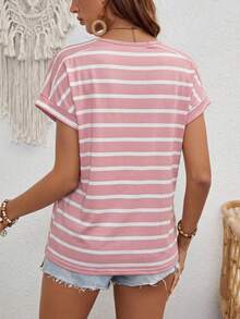 EMERY ROSE Women's Summer Striped Printed Round Neck Short Sleeve Casual T-Shirt Graphic Tees Women Tops - Pink - View 2