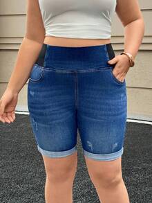 Flexra 大尺碼女款休閒日常通勤高腰收口緊身牛仔短褲，夏季 - 深色水洗藍 - 查看 5