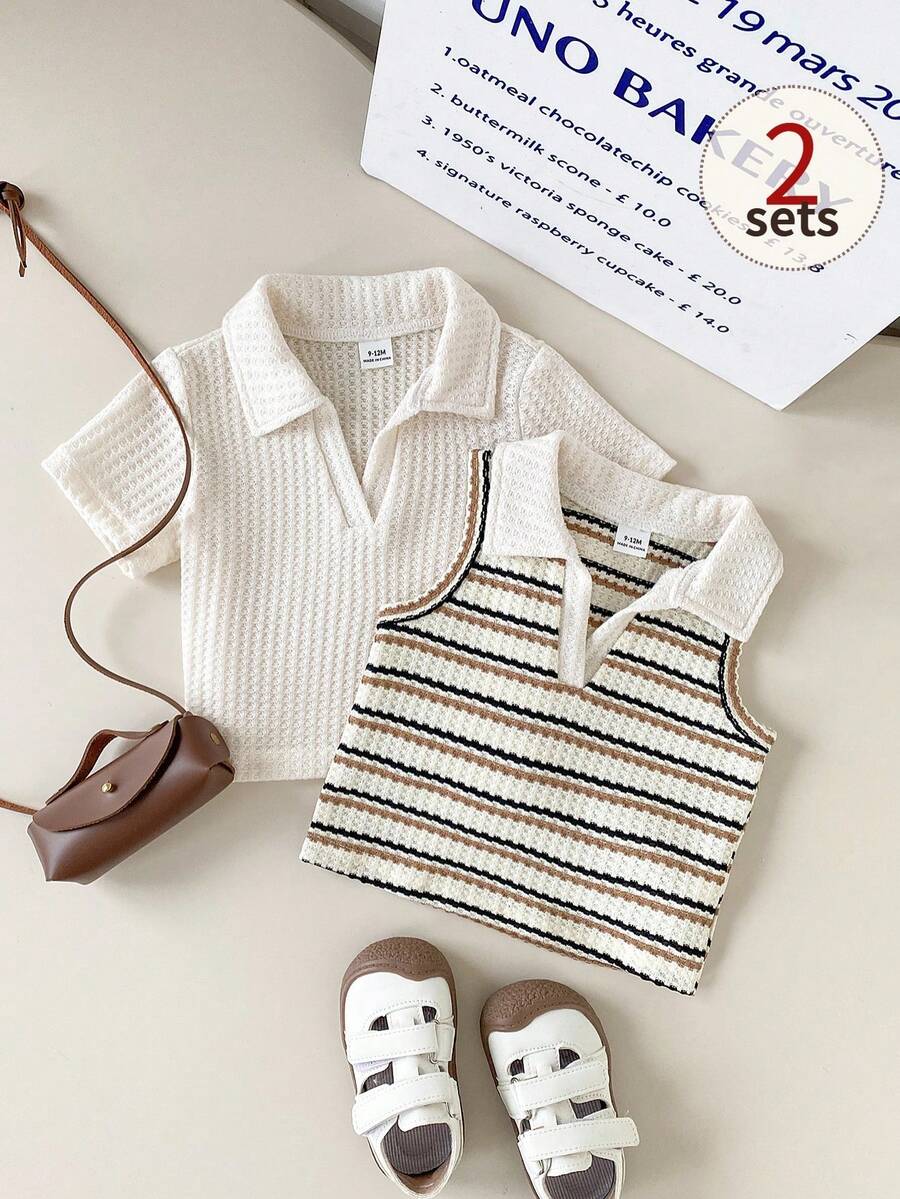 SHEIN Playful Pals 2pcs Baby Girls' Basic Sweetheart Neck Short Sleeve & Sleeveless Ribbed Knit Cropped Top Set, Spring/Summer - Khaki - View 1