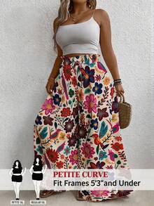 SHEIN PETITE CURVE 彩色花卉印花大尺碼女款度假寬腿長褲 - 彩色 - 查看 1
