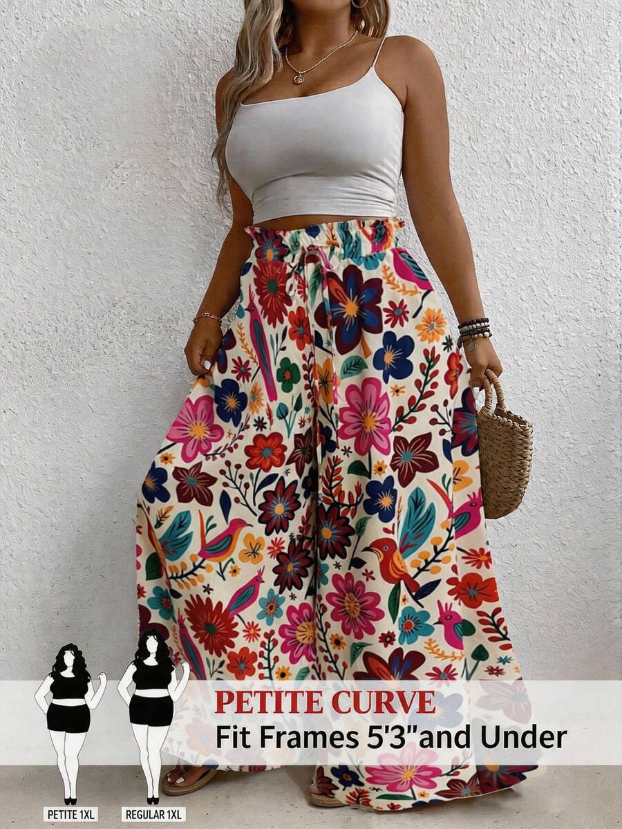 SHEIN PETITE CURVE 彩色花卉印花大尺碼女款度假寬腿長褲 - 彩色 - 查看 1