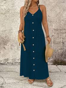 Linhara CURVE Vestido casual de vacaciones con tirantes de camisola de unicolor talla grande - Azul Cadete - Ver 3