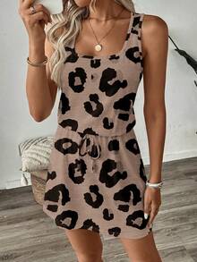 SHEIN LUNE Gaun Pendek Kasual Bermotif untuk Wanita, Cocok untuk Musim Semi dan Musim Panas - MultiWarna - View 3