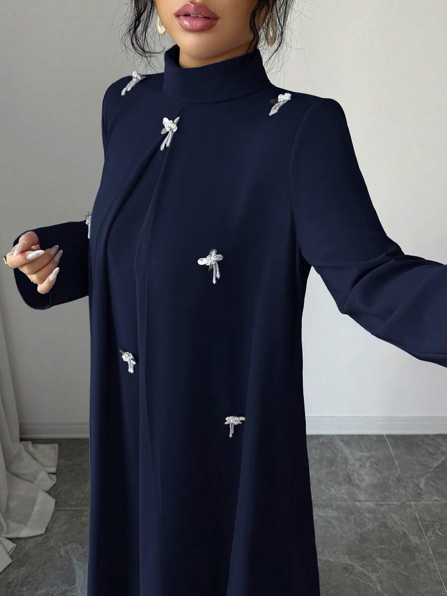 Yasmyna 女款秋季優雅拼接亮片裝飾立領阿拉伯長裙