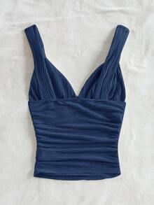 SHEIN Tall CURVE 大尺碼素色抓皺設計寬肩帶V領吊帶背心上衣 - 藍色 - 查看 2