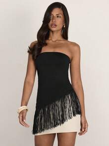 COSMINA Women's Summer Fashion Vacation Style Minimalist Solid Color Tassel Hem Fitted Bandeau Top - Black - View 2