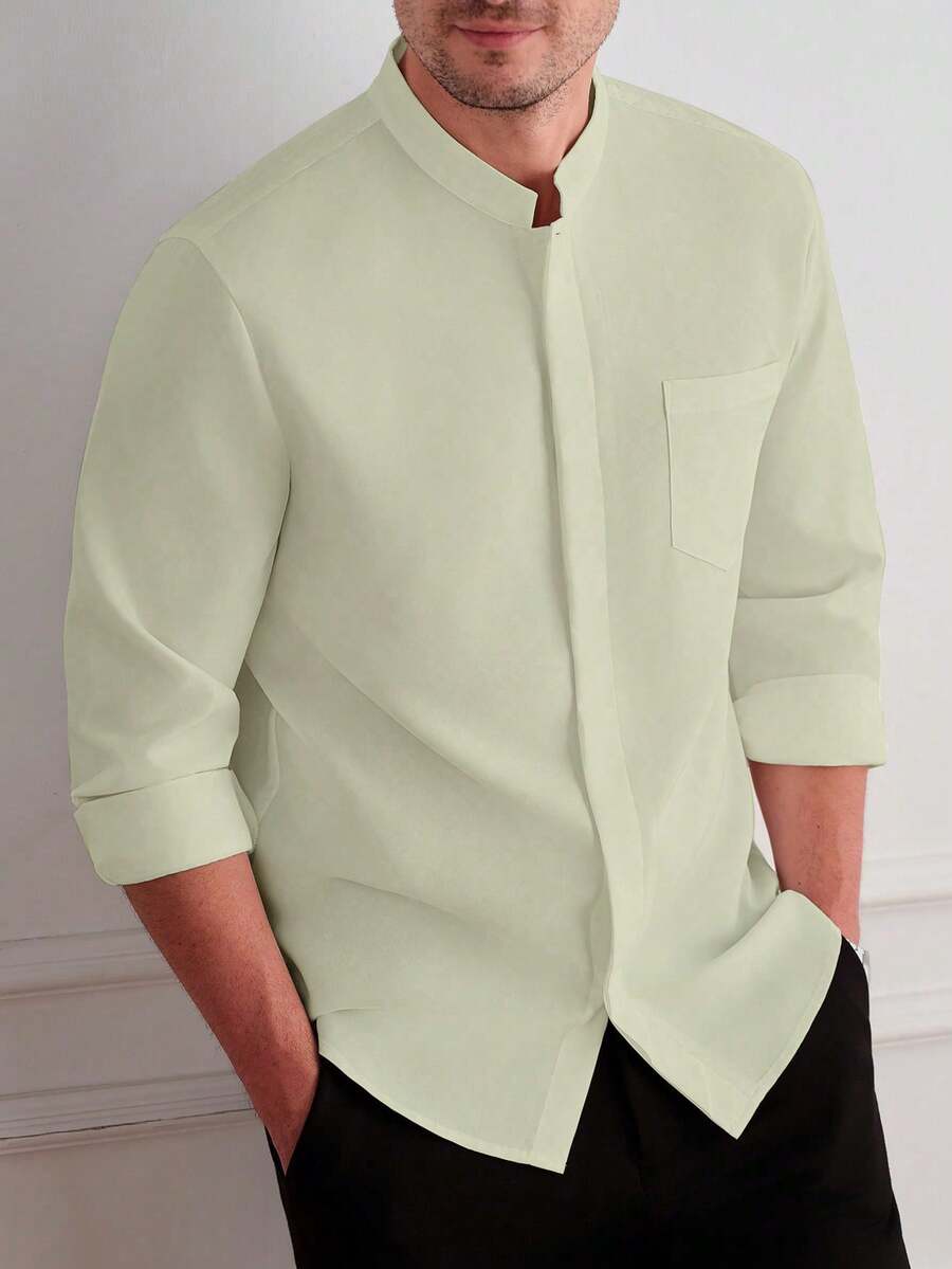 Core Aspect Men's Spring/Autumn Casual Daily Commute Minimalist Versatile Solid Color Stand Collar Long Sleeve Shirt - Beige - View 1